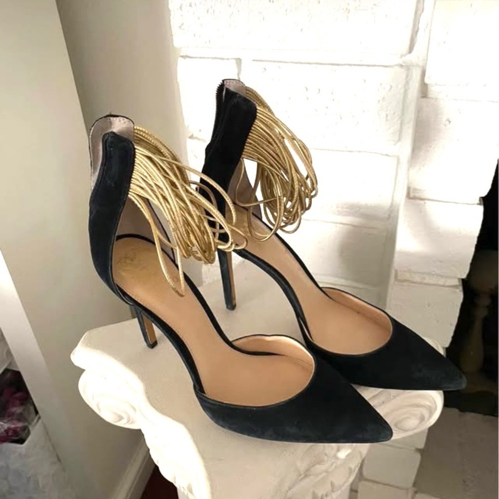 Vince Camuto Black Pointed-Toe Stiletto Heels with Gold Wrap Ankle 10.5